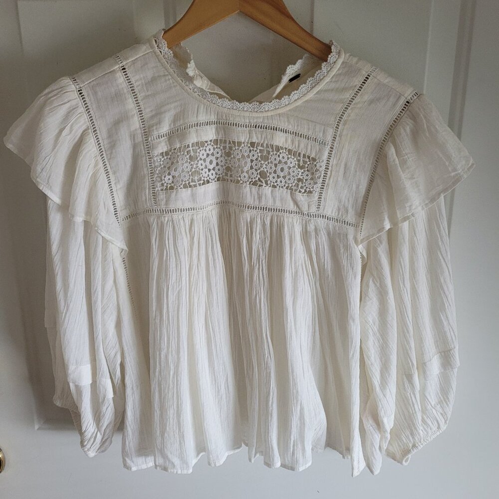 Free People Laura Ruffle Embroidered Blouse Ivory.  Size Small.